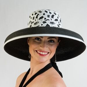Beloved Millinery Elegant Black White Wide-Brim Hat Church Brunch Equine Funeral